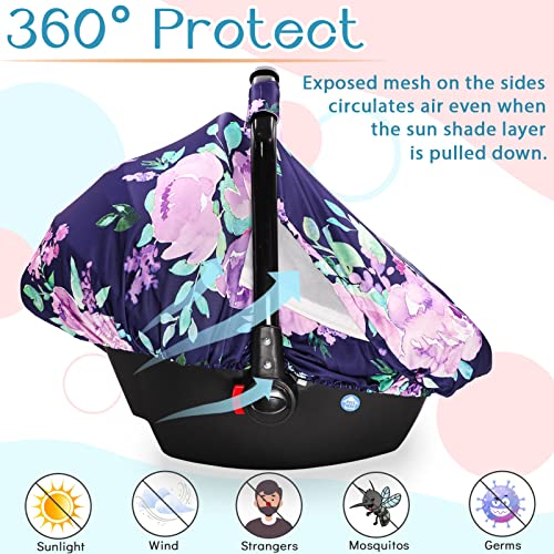 Image of Breathable Baby Car Seat Cover, Extra Large Mesh Window for Summer, Lightweight Infant Windproof Canopy, Must-Have Baby Gifte, Purple Floral