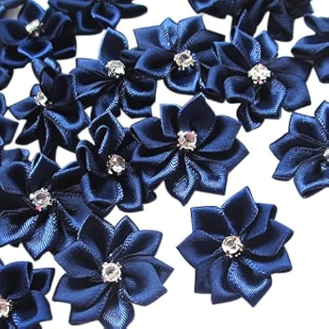 Chenkou Craft Navy 40pcs 28mm(1 1/8") Ribbon Flowers Bows Rhinestone Wedding Ornament Appliques Cover