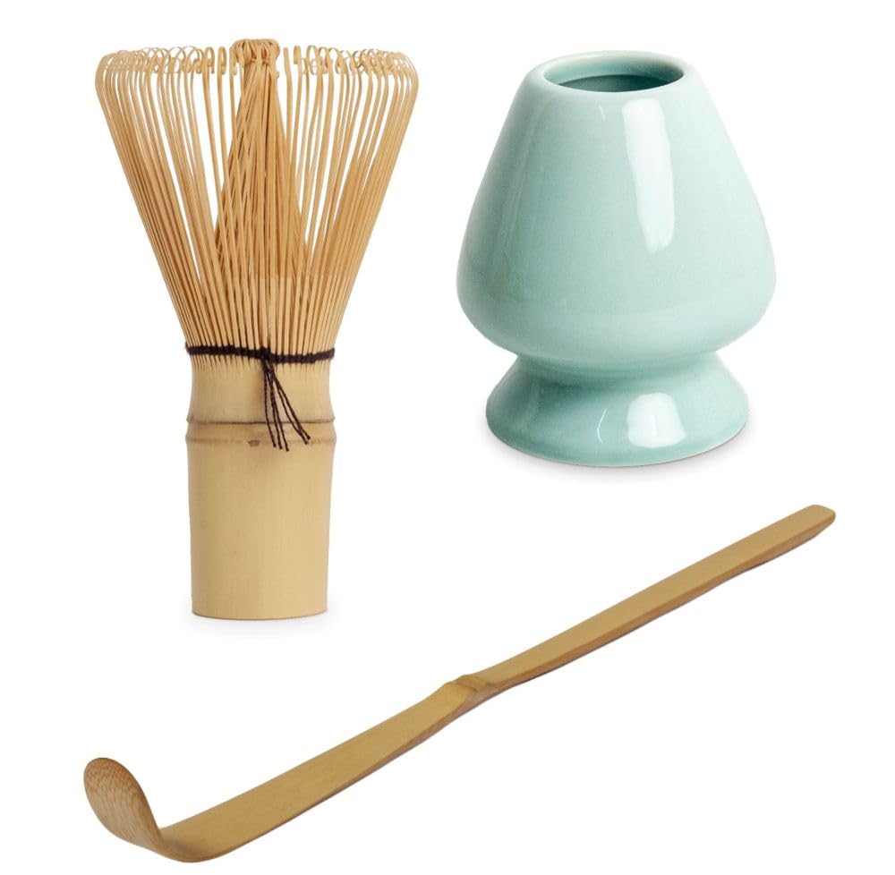 Matcha Schale Set aus Japan in Geschenkbox Matchaschale inklusive Bambus Besen, Bambus Löffel und Besen Ablage (TENMOKU)