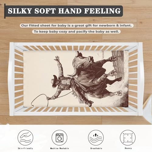 Image of Western Cow Baby Crib Sheets for Boys Cowboy Cribs Sheet Nursery Bedding Set Fitted Breathable Crib Mattress Cover Nursery Decor Toddler Gifts, 25x52 inch, Machine Washable