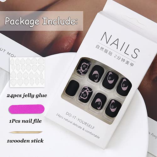 Black Press On Nails Short Leopard Print Fake Nails Square Nail Tips Gray Black Design Cool Acrylic Nails Frosted Texture False Nails Kits For Women Stick On Nails 24 Pcs #TOP5