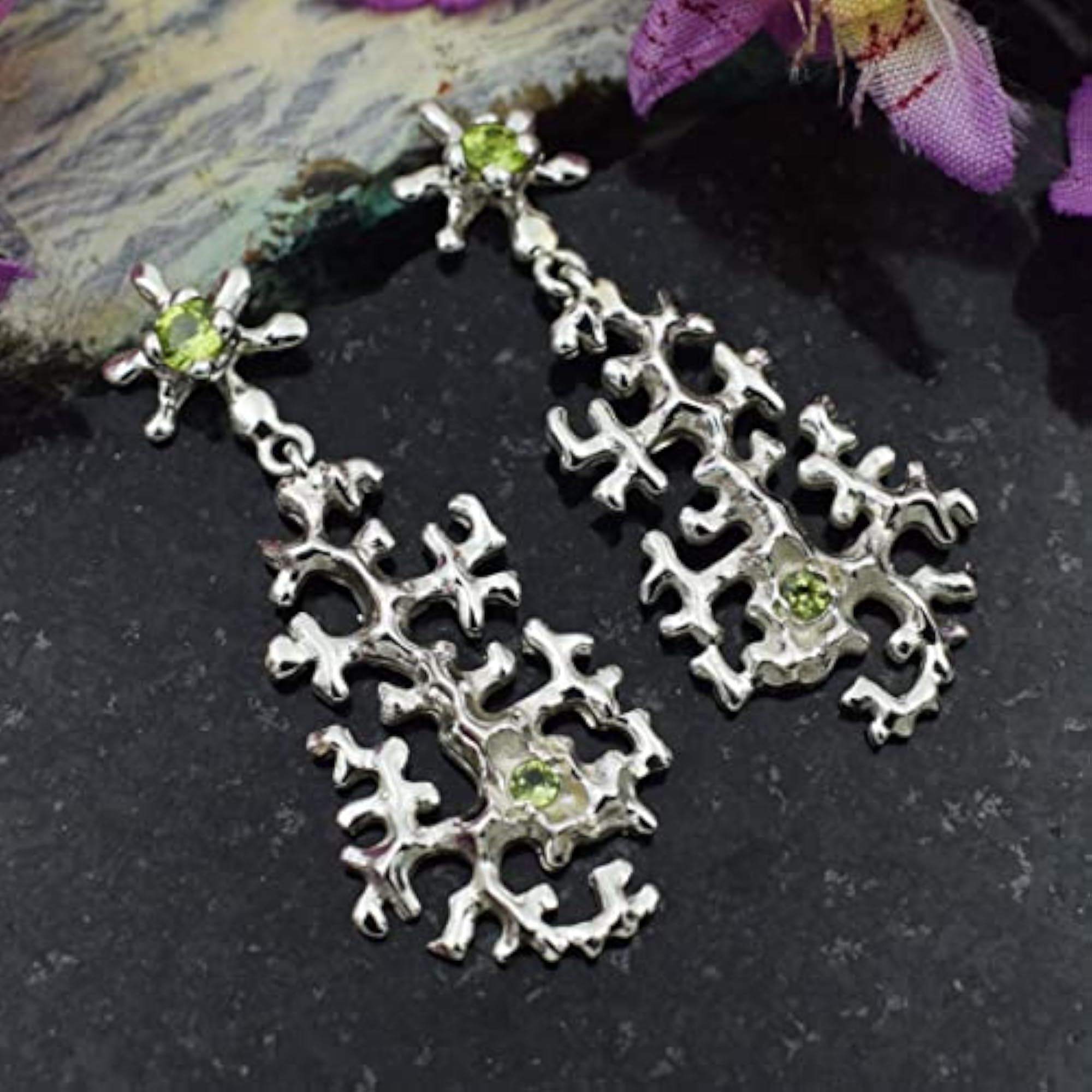 Women's 925 Silver Peridot Gemstone Dangle Earrings