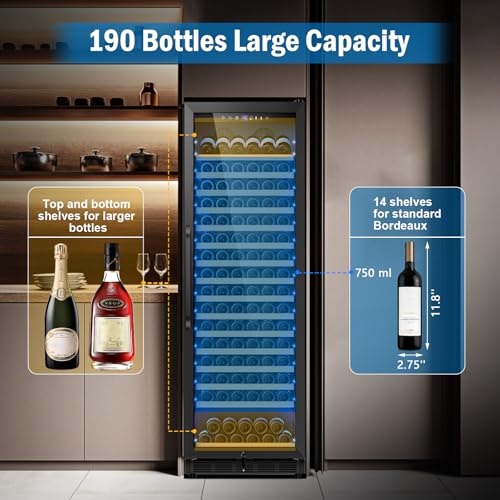 Image of Wine Fridge 24 Inch, 190 Bottles Freestanding or Built-in Wine Cooler Refrigerator with Sliding Rail Shelves, Professional Wine Cellar Low Noise, Black