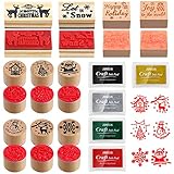 Woanger 15 Pieces Christmas Wooden Rubber Stamps and Craft Ink Pads Wooden Rubber Stamp for Scrapbooking and DIY Craft Card Wood Fabric Christmas Holiday