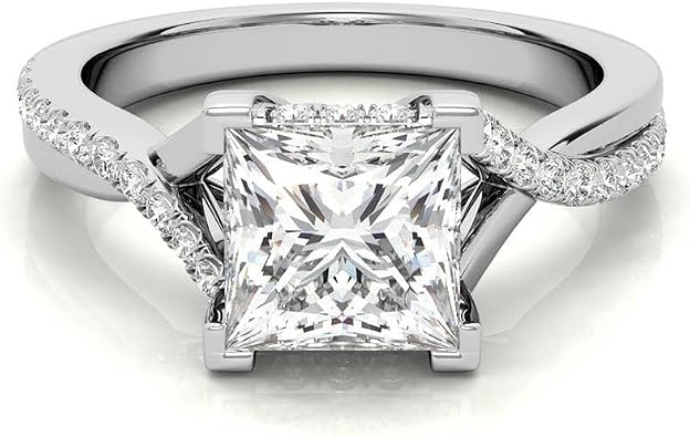 Princess Cut Engagement Ring | Twisted Pave Band | Sterling Silver White Gold Plated Bridal Jewelry