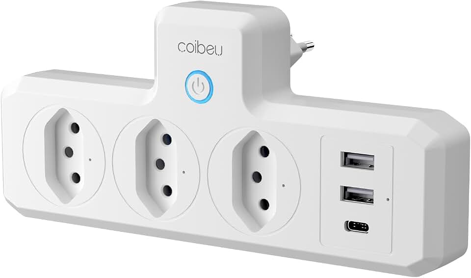 Extensao Eletrica Inteligente Wifi, Extensão Tomada, Régua Tomada, Filtro de Linha, 3 Tomadas, 2 Interfaces USB, 1 Porta USB Tipo-C, Controle por Voz, Controle remoto via celular (Branco)