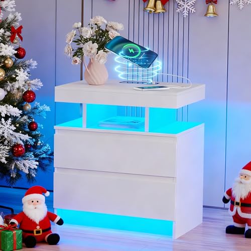 dnbss Nightstand with Charging Station and LED Light, Modern Night