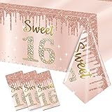 3 Pack Sweet 16 Birthday Tablecloth Decorations for Girls, Pink Rose Gold Happy 16th Birthday Theme
