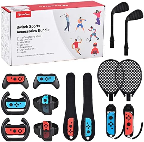 14 in 1 Switch Sports Accessories Bundle, innoAura Switch Sports Bundle with Switch Steering Wheel, Joycon Grip, Tennis Racket, Glof Club, Wrist Strap, Leg Strap Compatible with Switch/Switch OLED