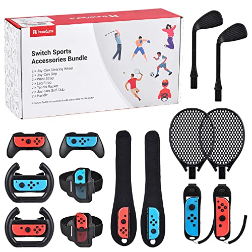14 in 1 Switch Sport Zubehör Bündel, innoAura NS Switch Sports Bundle mit Switch Lenkrad, Switch Joycon Griff, Tennisschläger, Glof Club, Handgelenkriemen, Beingurt Kompatibel mit Switch/Switch OLED