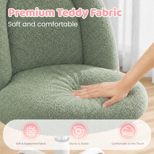 Image of DurayLoly Armless Vanity Chair with Wheels, Ultra-Soft Teddy Fleece, Adjustable Height & 360Swivel, Rolling Desk Chair for Bedroom, Dorm & Vanity Table, Ideal for Teens & Adults, Sage Green