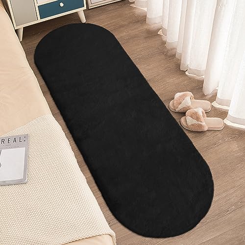 Tennola Soft Fluffy Black Runner Rug For Bedroom 2 X 6 Feet Rug Runners For Hallway Non Slip Washable Faux Rabbit Fur Rugs Shaggy Carpet Plush Furry Rug #TOP22