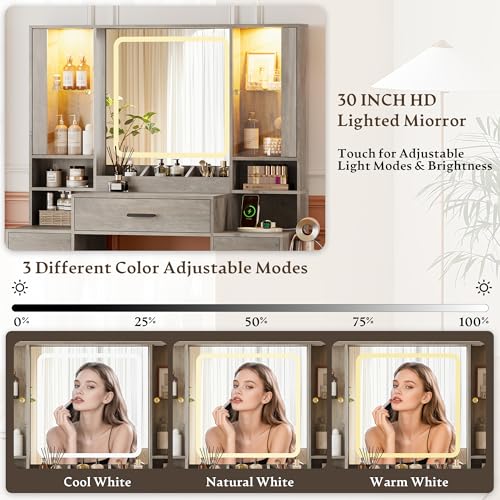 Image of HUANLEGO Makeup Vanity Desk with Mirror and LED Lights for Girls, Grey | Farmhouse Dressing Table Set for Women, LED Glass Cabinet, 7 Drawers, Power Outlet, Hair Dryer, 3 Lighting Modes