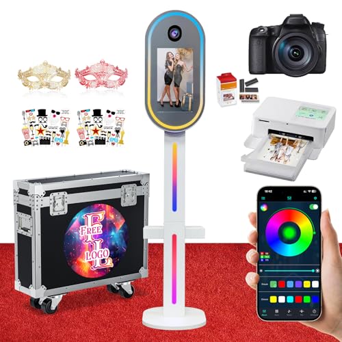 Oval Mirror Photo Booth with Camera and Printer, Portable Selfie DSLR Photo Booth with 15.6 inch Touch Screen APP Remote Control RGB Lights for Wedding Party Events Rental Christmas (White)
