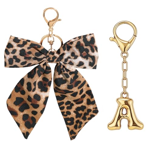 Celavoy Bow Bag Charms Keychain - 2 Pcs Gold Cute Initial Leopard Print Keyring Y2K Personalized Letter A Bubble Purse Charm for Handbags Backpack Accessories Decor Women Graduation Birthday Gifts