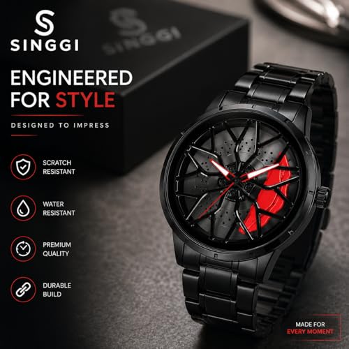 SINGGI Branded Men's Sport Quartz Watch Car Wheel Multicolour Dial 360 Rotating Casual Fashion Stainless Steel Alloy Luxury Metal Gift Creative Watch for Men & Boys - Image 7