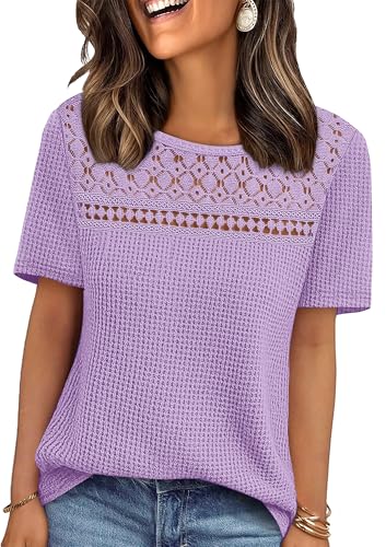 Aokosor T Shirts for Women Lace Waffle Tops Ladies Short Sleeve Blouse Casual Summer Tops Purple Size 18-20