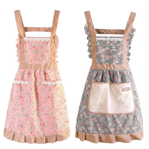 Ziyonix 2 Piezas Delantal Cocina Mujer, Delantal de Cocina Antiincrustante con 2 Bolsillo Floral Delantales Ajustables para Cocinar Hornear Jardinería BBQ