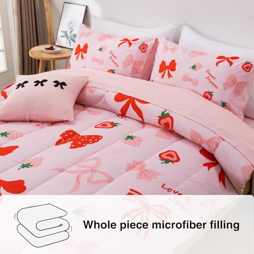 Image of A Nice Night Red Bow Comforter Set,6Pc Full Bedding Sets for Girls | Cute Ribbon Bowknot Strawberry Printe,Bed in a Bag With Sheet Sets,Light Pink Room Decor,Ultra Soft,Machine Washable