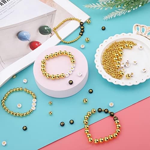 1100 Pcs Gold Spacer Beads Kit, Include 700 Pcs 3 Sizes Round Gold Spacer Loose Beads 400 Pcs Black White Alphabet Letter Beads Gold Bracelets Beads for DIY Craft Jewelry Bracelet Making