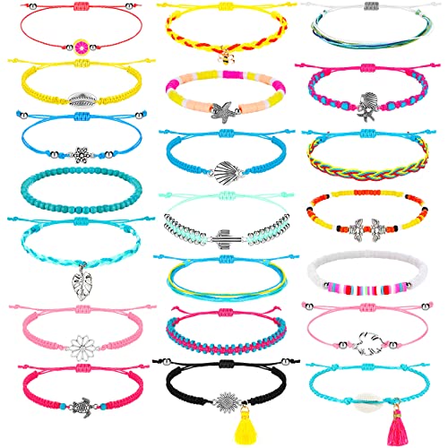 Image of Hicarer 21 PC Surfer Wave Friendship Bracelet Set Waterproof Adjustable Boho Beach String Anklets Bulk, Summer Gift for Women