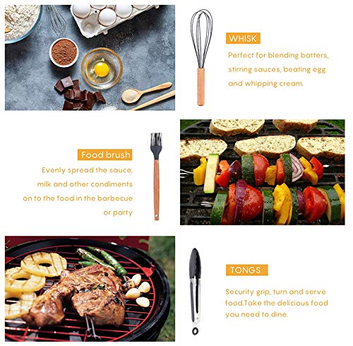 Cooking Utensils Silicone kitchen Set - Heat Resistant Kitchen Tools Wooden Handle Spoons Kitchen Utensil Set with Holder Spatulas Turner Tongs Whisk Kitchen Appliances for Cooking (Black)
