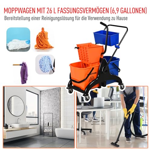 HOMCOM Putzwagen Reinigungswagen 26 Liter Wischwagen mit Wischmopp-Presse, Haushaltswagen mit Rollen Orange – Bild 4