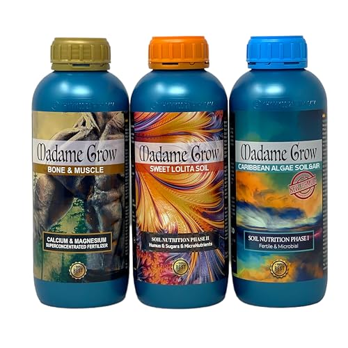 Madame Grow – Kit Candy – Fertilizantes Orgánicos – Estimula el Crecimiento, Fortalece la Planta y Potencia su Floración – Caribbean Algae, Sweet Lolita Soil y Bone & Muscle – 3 x 1 L c/u