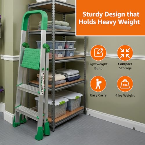 Image of Amazon Basics Clamber Pro - Foldable Step Ladder, Firm Grip, 3 Steps (Aluminium Steps, Green & Satin)