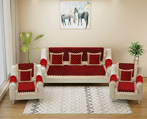 Image of Premium 5 Seater Printed Sofa Cover Set with Arm Covers and Coushion Covers, 3,1,1 Seater 16 Pieces Sofa Back Slip Panels, Premium Stylish Slip Cover Protector, Maroon (Pack of 17)