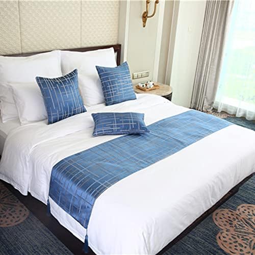 Blue Jacquard Bed Runner Cover Geometric Stripes Bed Scarf Bedspread Tassel Bedding Blankets Protection Bed Decor Throw Towel for Bedroom Hotel, 45 x 180cm