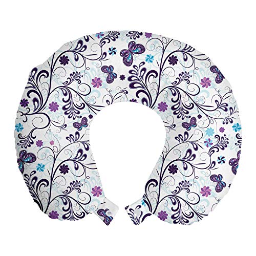 Ambesonne Floral Travel Pillow Neck Rest, Spring with Flying Inspirational Butterflies and Swirls Branches Design, Memory Foam Traveling Accessory for Airplane and Car, 12