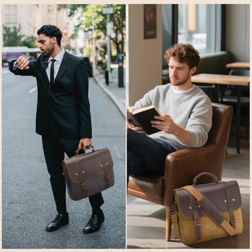 Mens Messenger Bag Waxed Canvas Laptop Briefcase 15.6“ Vintage Genuine Leather Crossbody Bags Waterproof Satchel Shoulder Bag3