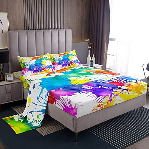 Set di biancheria da letto matrimoniale, hippie tie dye set di lenzuola per bambini adulti colorati in stile arcobaleno multicolore astratto lenzuola 4 pezzi con 2 federe