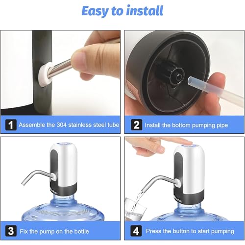 Image of BonKaso Automatic Water Dispenser Pump for 20L Bottle, USB Rechargeable Portable Electric Water Pump with One-Touch Operation, Metal Removable Pipe, Fast Flow Drinking Water Dispenser(Black & White)