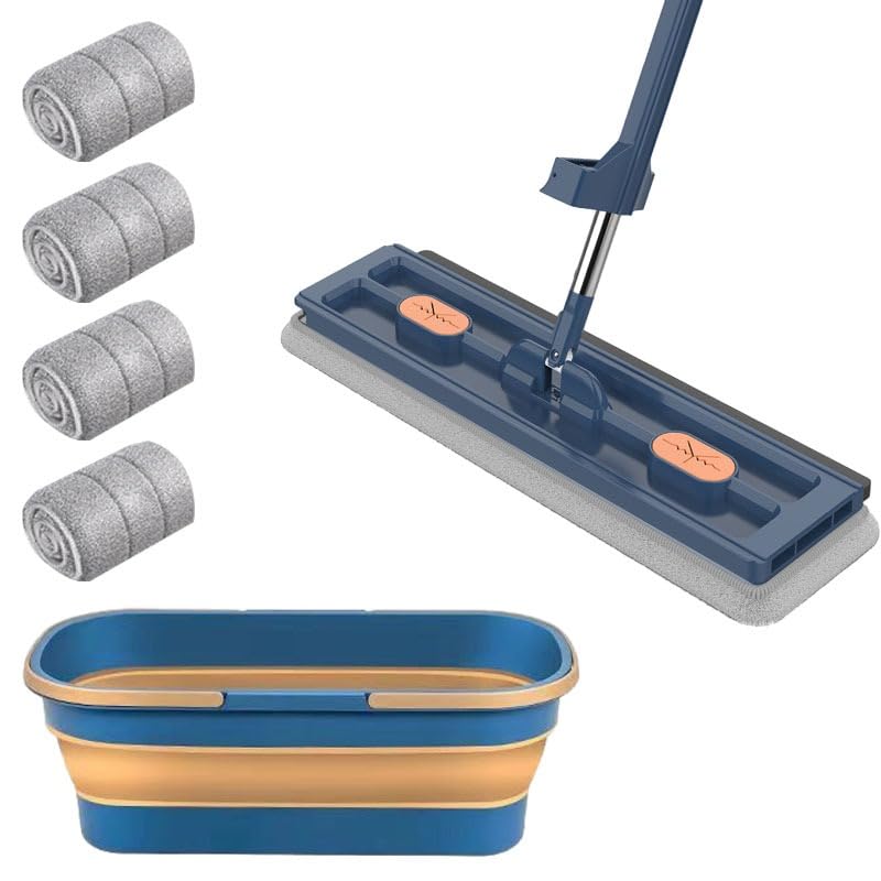 Grande scopa piatta, set con secchio, lavapavimenti con funzione di strizzatura, girevole a 360°, set con 4 cuscinetti in microfibra, mocio per piastrelle in legno duro