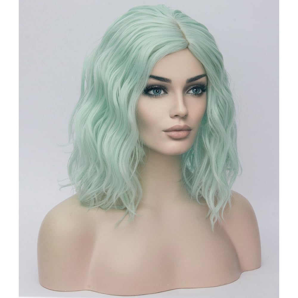 BERON 14" Green Wigs for Women Short Curly Bob Wavy Wig Girls Mint Green Colored Body Wave Heat Resistant Synthetic Cosplay Party or Daily Wigs - Image 2
