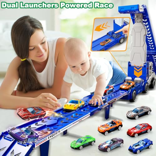 VESIHOLO Transport Truck Toys for 3 4 5 6 7 Years Old Boys, Carrier Toy Cars Track Set Transporter Trucks with 6 Die-Cast Car Toys 2 Race Catapults,Toddler Car Toy Set for Kids Girls - image 4