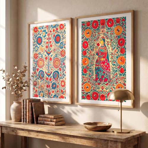 Image of kotart Premium Madhubani Folk Art Wall Art Set of 2 | Traditional Indian Woman & Floral Pattern Painting | MDF Wooden Framed Home Decor (3, 14x20 Inch)