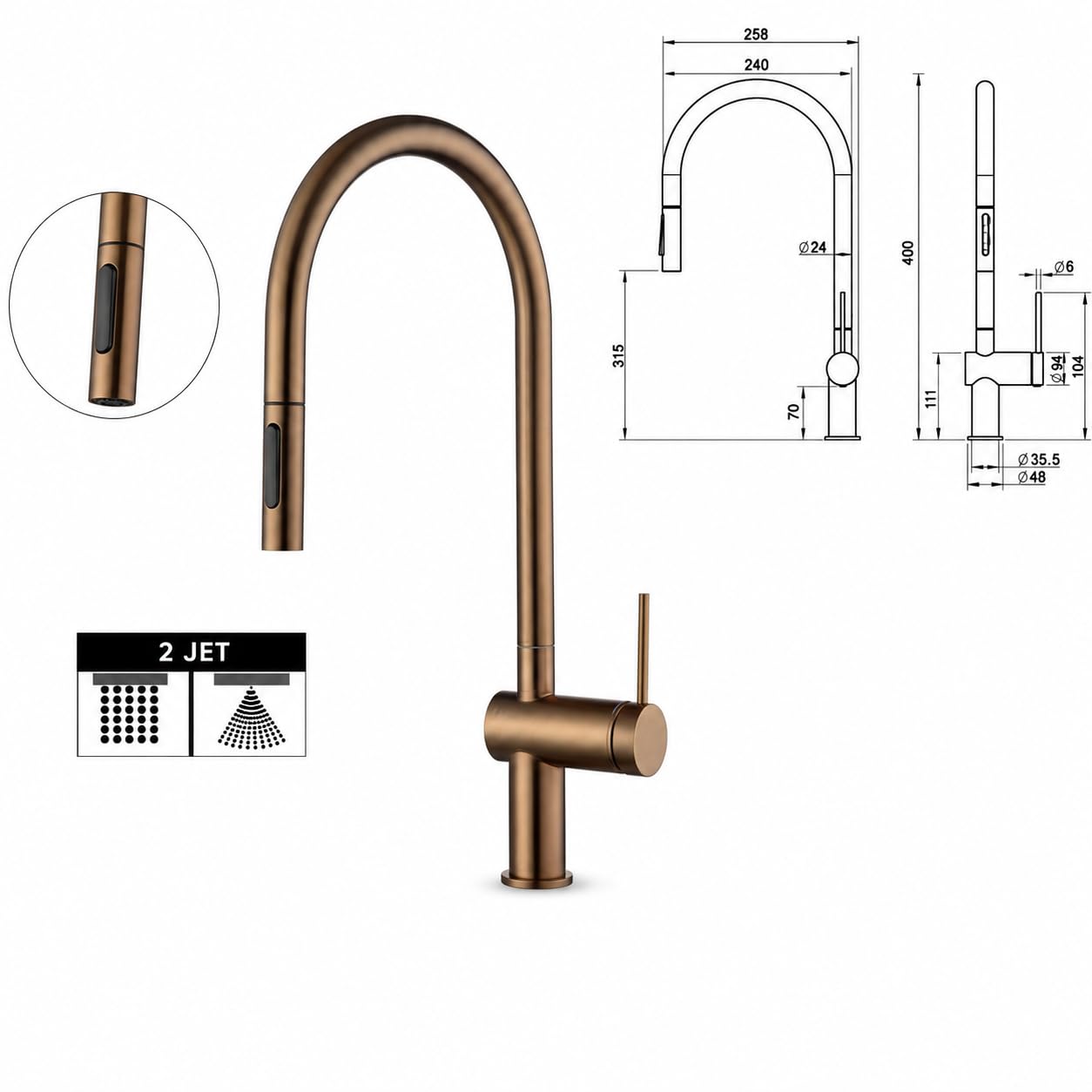 Grifo Cocina Extraíble con Doble Función | Grifo Fregadero Cocina Monomando Flexible y Giro 360° | Diseño Moderno IMEX Berna (Oro rosa cepillado)