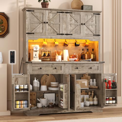 71" Tall Large Pantry Storage Cabinet w/Power Outlet,55" Wide Farmhouse Kitchen Hutch Storage Cabinet w/Barn Doors,2 Drawer,Large Countertop,LED Light,Rustic Coffee Bar,6 Hooks,8 Doors Shelves,Oak