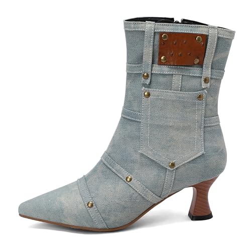 BEAUPAS Women's Denim Kitten Heel Boots Pointed Toe Low Heel Ankle Boots Chunky Vintage Zip Shoes2