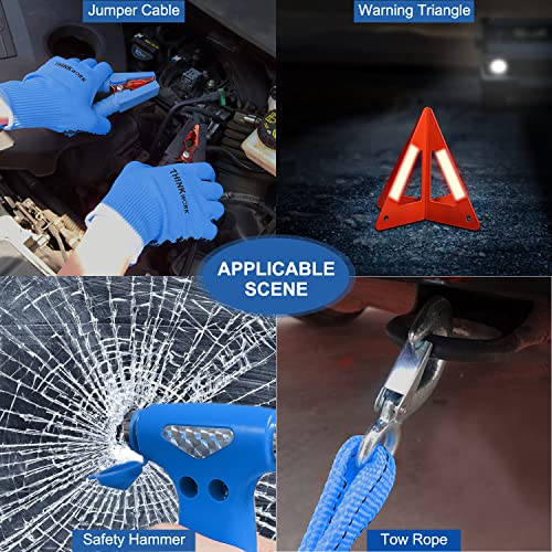 Thinkwork Car Emergency Kit For Teen Boy And Men's Gifts, Blue Emergency Roadside Assistance Kit With 10Ft Jumper, First Aid Kit, Safety Hammer, Tow Rope, And More Ideal Blue Car Accessories Tool #TOP6
