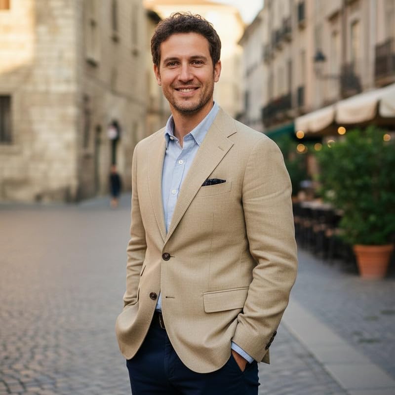 Men's Suit Blazer Notched Lapel 2 Button Suit Jacket with Asymmetric Pockets Business Commute Versatile