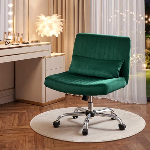 Image of Warmiehomy Velvet Criss Cross Office Chair with Wheels, Luxury Cross Legged Desk Chair for Bedroom, Armless Wide Seat Computer Chair, Modern Vanity Chair, Gift for Teens & Girlfriend, Emerald Green