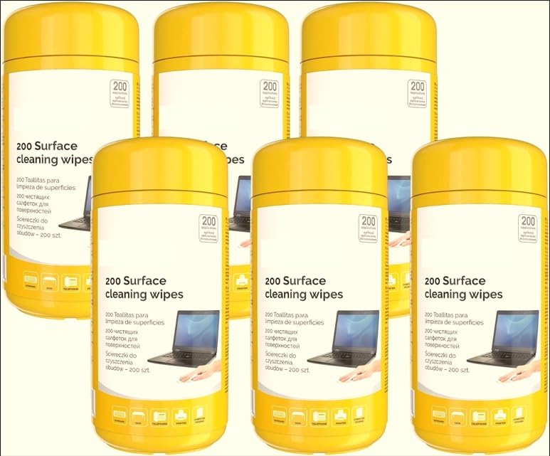6 x_ellowes Performance 200 Pack Multi Surface Tech Wipes Tub | Anti-Static & Alcohol Free | Remove Dirt/Grease Work Space & Devices | 1200 Wipes in Total