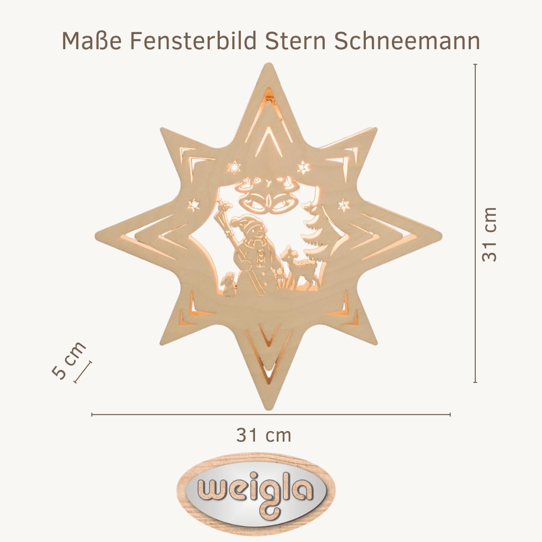 WEIGLA - Fensterbild original Erzgebirge Stern Schneemann I Weihnachtsdeko Fenster I 1 Lampe I 7 W, E14 I Fensterbild Weihnachten I Weihnachtsbeleuchtung aus Holz I Fensterdeko hängend