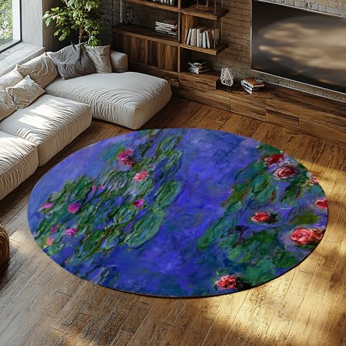 モネの睡蓮ラウンドエリアラグ有名な絵画プリントサークルカーペットベッドサイド用滑り止めローパイルソフトタッチサークルラグ 150 cm