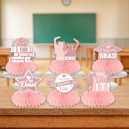 Image of 12pcs Graduation Table Decorations 2026,Pink Rose Gold Graduation Decorations Graduation Centerpieces for Tables Class of 2026 Centerpieces Honeycomb for 2026 Congrats Grad Table Decor (Pink)