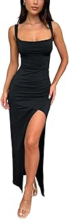 Women's Sexy Backless Spaghetti Straps Square Neck Maxi Dress Thigh High Slit Bodycon Cocktail Party Dress - Buy now